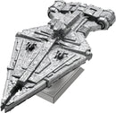 The ICONX: Imperial Light Cruiser DIY kit from Fascinations features a detailed, metallic model of a space cruiser, complete with intricate engravings and a sturdy base for display. It showcases a futuristic design with sharp lines and various components that resemble those of classic sci-fi spacecraft.