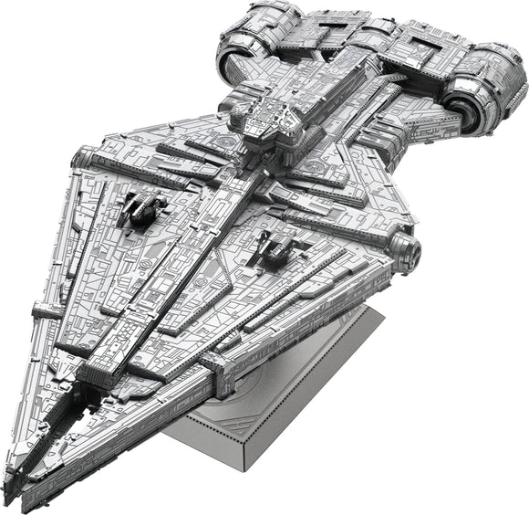 The ICONX: Imperial Light Cruiser DIY kit from Fascinations features a detailed, metallic model of a space cruiser, complete with intricate engravings and a sturdy base for display. It showcases a futuristic design with sharp lines and various components that resemble those of classic sci-fi spacecraft.