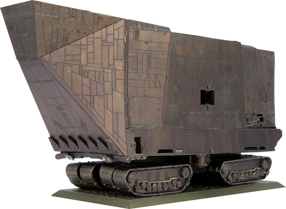 The ICONX Jawa Sandcrawler DIY kit by Fascinations. This detailed metal model features intricate designs, tracks, and a robust structure, perfect for collectors and enthusiasts who enjoy hands-on projects.