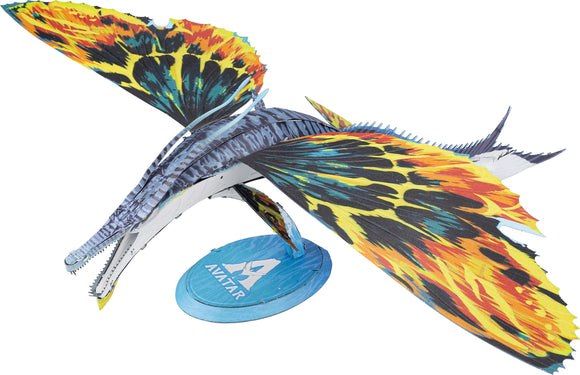 The Premium Series Skimwing DIY kit by Fascinations features a beautifully designed model of the mythical creature from Avatar, showcasing vibrant colors and intricate details. The model displays colorful, patterned wings and a sleek body, all enhanced by a sturdy base for display.