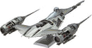 A detailed model kit of the Mandalorian's N-1 Starfighter from Star Wars. The sleek silver design showcases intricate engine detailing and a variety of textures, perfect for DIY enthusiasts and fans of the franchise.