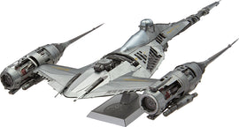 A detailed model kit of the Mandalorian's N-1 Starfighter from Star Wars. The sleek silver design showcases intricate engine detailing and a variety of textures, perfect for DIY enthusiasts and fans of the franchise.