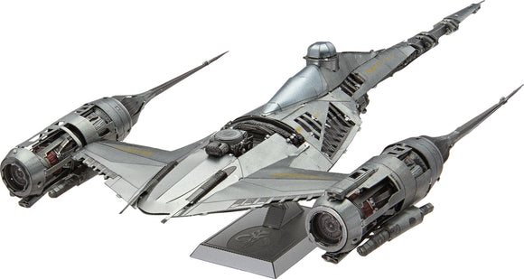 A detailed model kit of the Mandalorian's N-1 Starfighter from Star Wars. The sleek silver design showcases intricate engine detailing and a variety of textures, perfect for DIY enthusiasts and fans of the franchise.