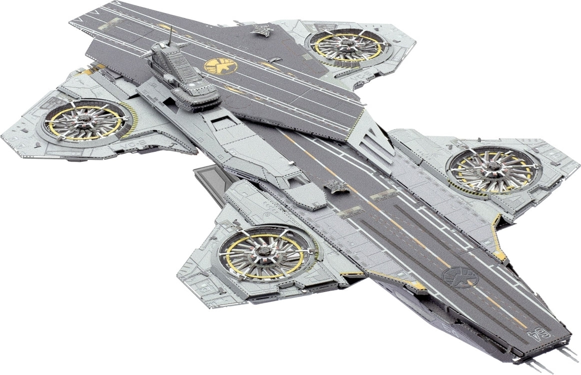 The Iconx: Helicarrier DIY kit by Fascinations features an intricately detailed model of the helicarrier with accurate design elements including rotors, landing pad, and the iconic logo. Perfect for hobbyists and collectors, this 3D assembly kit offers a rewarding building experience with precision pieces that fit seamlessly together.