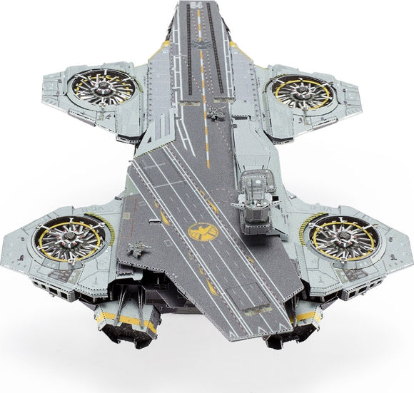 A detailed top view of the Iconx: Helicarrier DIY kit by Fascinations. The model features intricately designed rotors, a runway, and a sleek, modern appearance, ideal for enthusiasts of model building and fans of aviation.