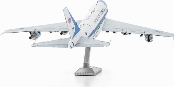 Detailed DIY metal model kit of Air Force One by Fascinations, showcasing a precision-crafted airplane design with movable parts and mounted on a sturdy display base. Ideal for aviation enthusiasts and model builders.