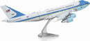 Metal Earth Air Force One DIY kit by Fascinations, featuring a detailed representation of the iconic aircraft with its signature blue and white livery. The model showcases intricate design elements and comes with precision-cut metal sheets for assembly. Perfect for aviation enthusiasts and hobbyists looking for a challenging project.