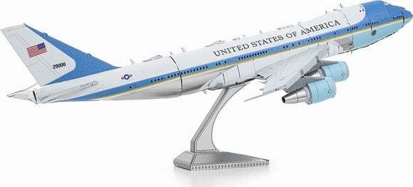 Metal Earth Air Force One DIY kit by Fascinations, featuring a detailed representation of the iconic aircraft with its signature blue and white livery. The model showcases intricate design elements and comes with precision-cut metal sheets for assembly. Perfect for aviation enthusiasts and hobbyists looking for a challenging project.