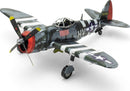 A detailed DIY metal model kit of the P-47 Thunderbolt airplane by Fascinations. The model features intricate designs, including a red and green color scheme with camouflage patterns, propellers, and landing gear.