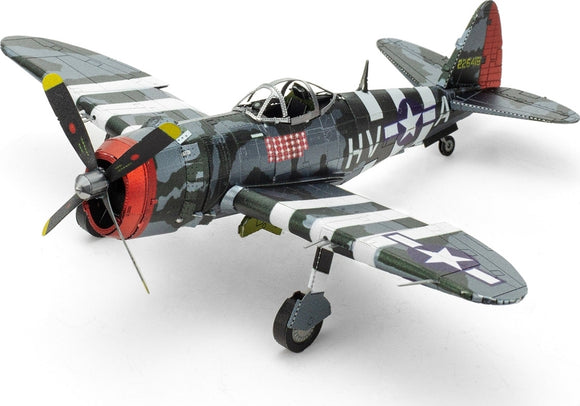 A detailed DIY metal model kit of the P-47 Thunderbolt airplane by Fascinations. The model features intricate designs, including a red and green color scheme with camouflage patterns, propellers, and landing gear.