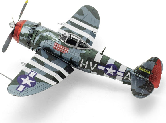 A detailed metal model kit of a P-47 Thunderbolt airplane by Fascinations. The aircraft features a camouflaged design with stripes, a propeller, and intricate details visible from various angles, showcasing its authentic design.