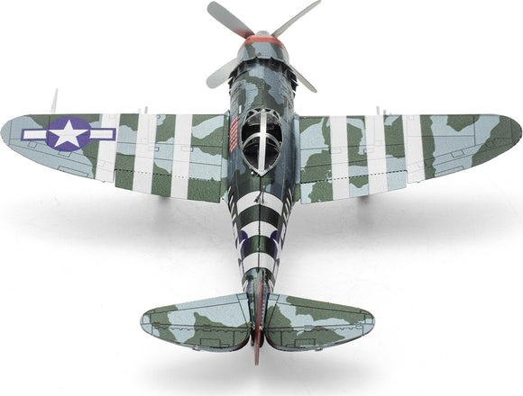 A detailed Metal Earth DIY kit of the P-47 Thunderbolt airplane model. The model features intricate design elements, camouflage colors, and a propeller. Ideal for enthusiasts of scale models and aircraft history.