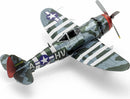 A detailed metal model kit of a P-47 Thunderbolt airplane by Fascinations. The aircraft features a camouflage design with stripes and a red propeller. Perfect for DIY enthusiasts.