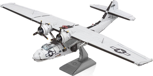 A detailed Metal Earth model kit of the Consolidated PBY Catalina aircraft by Fascinations. The model features intricate metal parts and is designed for DIY assembly, showcasing props, wings, and a stand for display.
