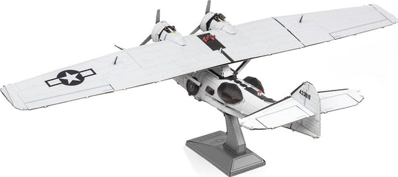 Detailed model of a Consolidated PBY Catalina airplane from Metal Earth by Fascinations. The kit features intricate metal parts with a realistic design, showcasing a sleek white fuselage and black insignia. It stands on a sturdy base, highlighting the aircraft's unique twin-engine configuration and wide wingspan, ideal for aviation enthusiasts and hobbyists.