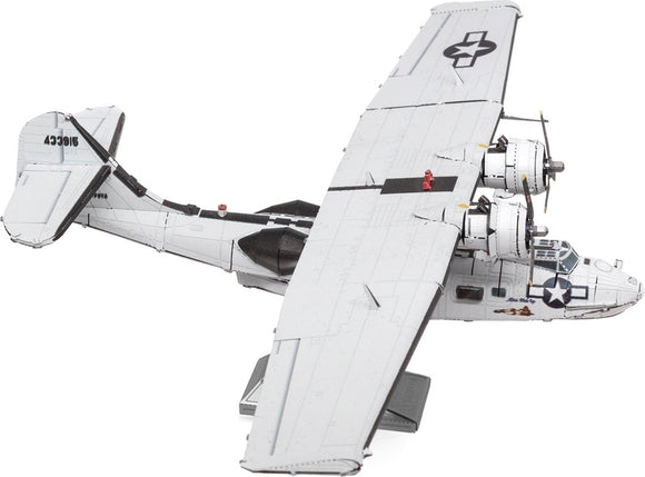 A detailed metal model of the Consolidated PBY Catalina plane, featuring a sleek design with propellers and distinct military markings. The kit is displayed in an assembled state, showcasing its craftsmanship and intricate parts, perfect for aviation enthusiasts and DIY lovers.