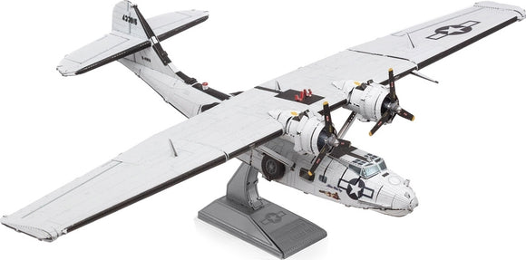 A detailed metal model of the Consolidated PBY Catalina airplane, made from intricate parts. The plane features a shiny silver finish and is displayed on a stand, showcasing its distinct wings and propellers.
