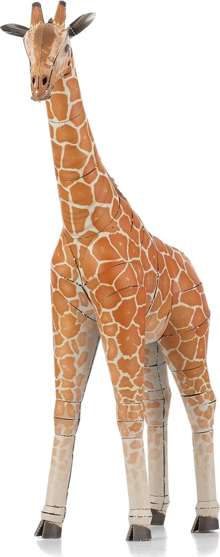 A detailed Metal Earth DIY kit of a giraffe made from metal sheets, showcasing intricate cutouts and a vibrant orange and brown giraffe pattern. The giraffe stands tall and upright, with defined legs and a stylized head. Ideal for crafting enthusiasts and animal lovers.