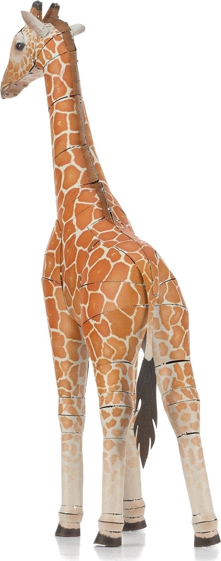 A 3D model of a giraffe made from metal parts, featuring intricate cut-out patterns that display its signature patchwork fur. The giraffe is standing tall, showcasing its long neck and legs, designed for assembly as a DIY kit. The model highlights the attention to detail with a realistic design, ideal for collectors and crafting enthusiasts.