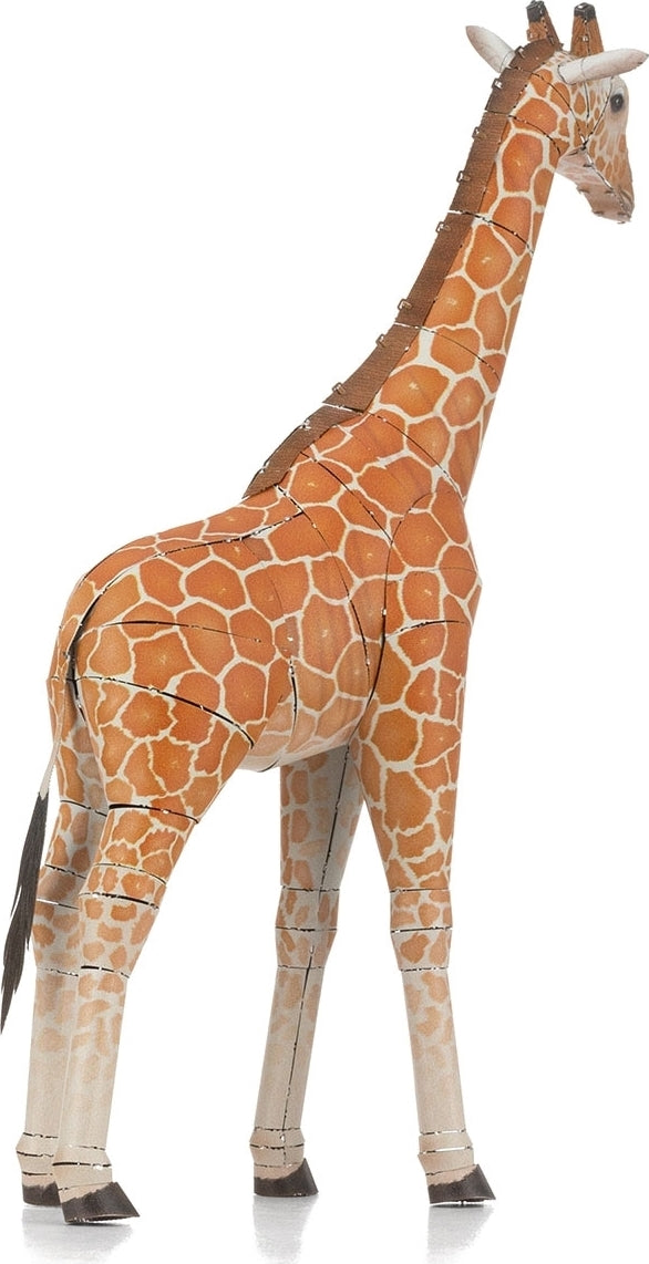 A detailed view of a Metal Earth Giraffe kit by Fascinations. The model showcases an intricate design featuring realistic giraffe patterns and articulated limbs, perfect for DIY enthusiasts and collectors.