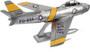 Metal Earth F-86 Sabre DIY model kit showcasing a highly detailed metal replica of the iconic jet fighter. The model features vibrant yellow and gray colors, intricate engravings, and is designed for easy assembly. Perfect for aviation enthusiasts and collectors.