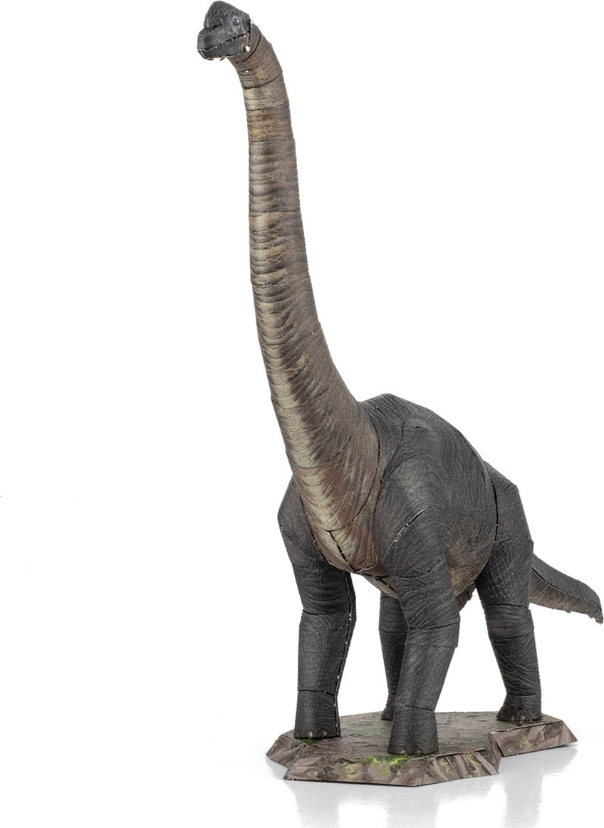 The Metal Earth Brachiosaurus DIY kit features a detailed, metallic representation of the dinosaur, showcasing its long neck, sturdy legs, and textured surface. The model is designed for easy assembly and offers a hands-on experience for enthusiasts and hobbyists.