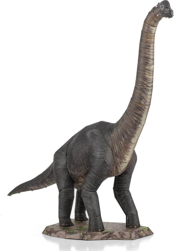 A detailed metal model kit of a Brachiosaurus dinosaur, featuring a long neck and large body, crafted from thin metal sheets. The dinosaur is displayed on a rock-like base, showcasing intricate design and construction potential. Ideal for dinosaur enthusiasts and DIY fans.