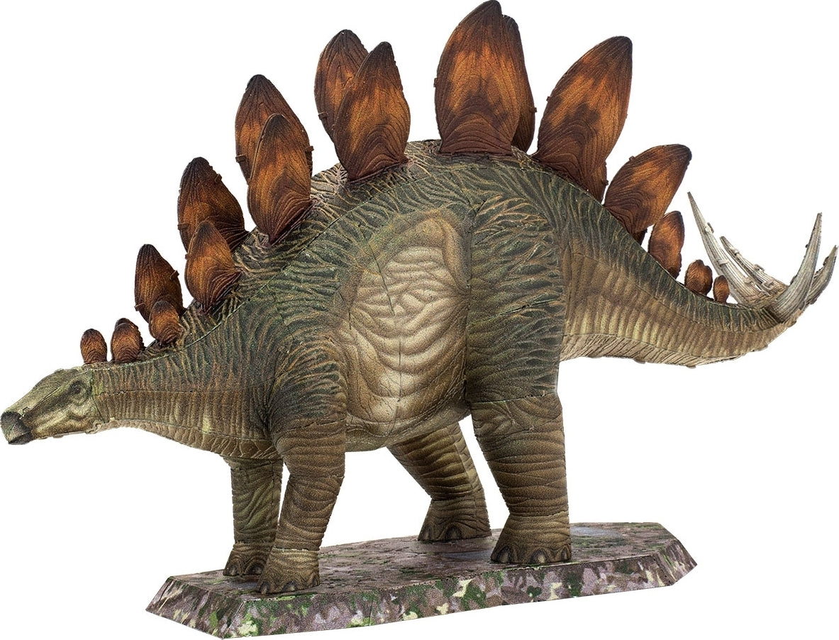 A detailed 3D model kit of a Stegosaurus made from metal sheets, featuring intricate designs and realistic textures. The model showcases the iconic plates along its back and a stable base, perfect for display or as a DIY project.