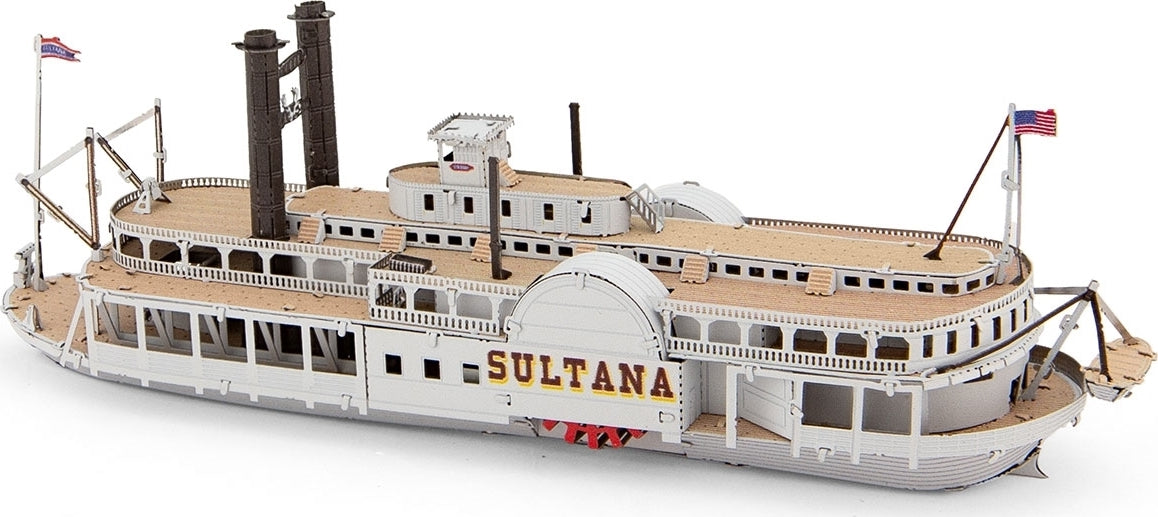 The Metal Earth Sultana Steamboat DIY kit by Fascinations, featuring intricate metal parts, detailed design, and realistic features of a historical steamboat. Perfect for model enthusiasts and crafters.