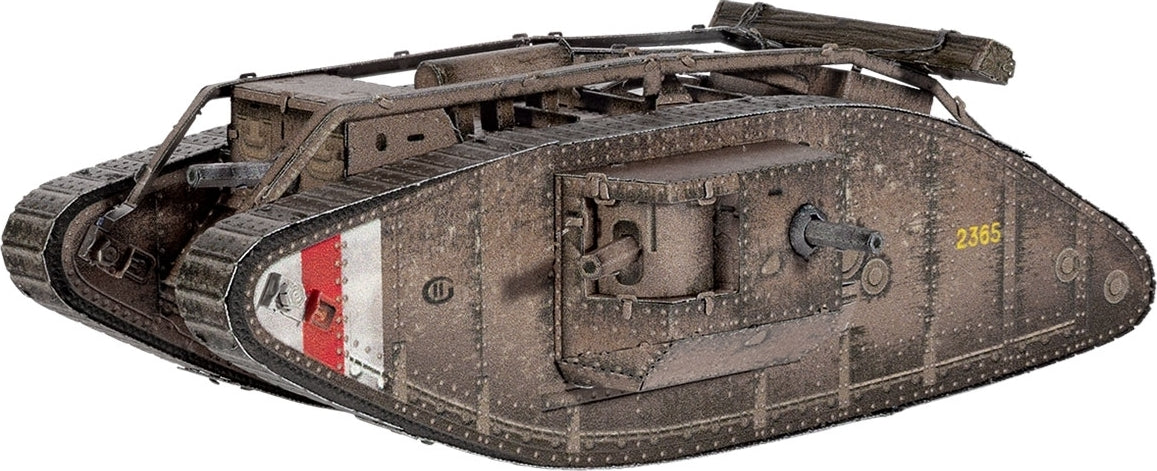 A detailed metal model of the British Mark IV tank, showcasing its textured surface and historical accuracy. The model features intricate components, including tracks, a cannon, and colored markings, perfect for DIY enthusiasts and history buffs alike.