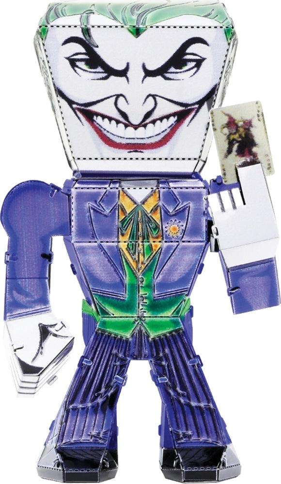 Metal Earth DIY kit featuring a detailed model of the Joker from DC Comics. The model showcases vibrant colors with a menacing smile, iconic green hair, and a playing card in hand, perfect for fans and collectors.