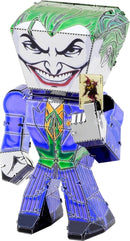 A detailed metal model of the Joker, featuring vibrant colors like green and purple, with a mischievous smile. The figure holds a playing card in one hand, showcasing intricate design details that reflect the character's iconic appearance.