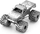 A detailed DIY kit of a metal monster truck featuring oversized wheels and a flame design on the hood. The metallic finish adds a sleek look, perfect for collectors and hobbyists. This model showcases intricate engineering, ideal for those who enjoy crafting and assembling models.