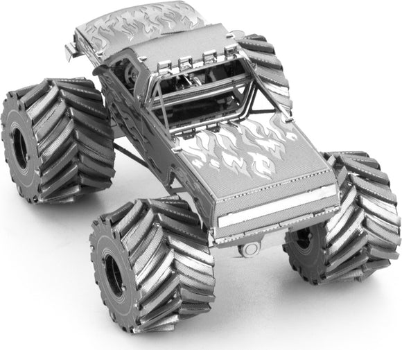 A detailed, metallic model of a Monster Truck with large, aggressive tires and flame decals on the body. This DIY kit is made by Fascinations, showcasing intricate design and craftsmanship, ideal for enthusiasts and collectors.