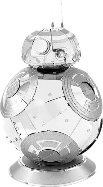 A detailed Metal Earth DIY kit of the BB-8 robot from Star Wars: The Force Awakens. The model features intricate metallic parts and is designed for assembly, showcasing the unique spherical shape with panels and lights.