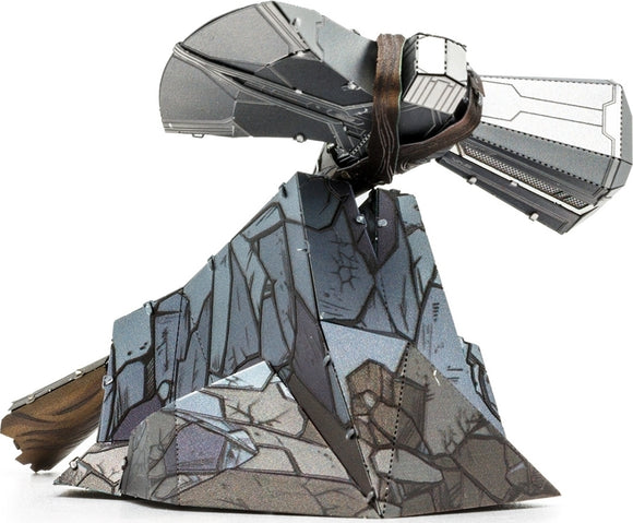 A detailed metal model of Stormbreaker, inspired by the Marvel Universe, featuring intricate designs and a rocky base. The model showcases metallic textures and realistic coloring, emphasizing its craftsmanship and unique design.