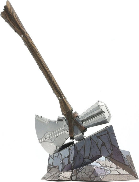Metal Earth: Stormbreaker DIY kit, featuring an intricately designed metal model of Thor's iconic weapon, the Stormbreaker axe, displayed on a rocky base. The model showcases metallic textures and details, with a brown wooden handle and a silver axe blade, perfect for fans of Marvel and DIY enthusiasts.