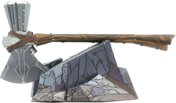 A detailed metal model of Stormbreaker, the mythical axe from popular culture. The model features intricate metalwork and a colorful base, showcasing an artistic design that highlights the craftsmanship involved in this DIY kit.
