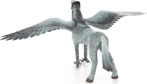 A detailed metal DIY kit model of Buckbeak, the iconic creature from the Harry Potter series. The model features intricate designs, showing its wings outstretched and a robust stance with a mix of silver and blue metal textures, perfect for collectors and fans of the franchise.