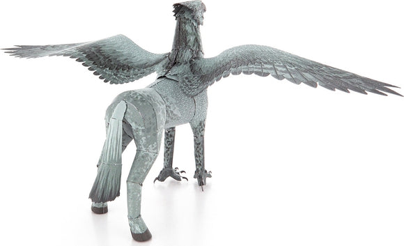 A detailed metal DIY kit of Buckbeak, the magical creature from the Harry Potter series, showcasing intricate wing and body designs. The model is crafted from metallic material, with a realistic pose highlighting its majestic wings and body structure.