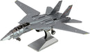 A detailed model of the F-14 Tomcat fighter jet made from metal, showcasing its dual-engine design and striking features such as angled wings and cockpit. The model is displayed on a stand, highlighting its sleek, aerodynamic shape and realistic coloring.