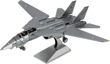A detailed model of the F-14 Tomcat fighter jet made from metal, showcasing its dual-engine design and striking features such as angled wings and cockpit. The model is displayed on a stand, highlighting its sleek, aerodynamic shape and realistic coloring.