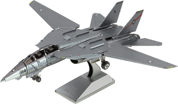 A detailed model of the F-14 Tomcat fighter jet made from metal, showcasing its dual-engine design and striking features such as angled wings and cockpit. The model is displayed on a stand, highlighting its sleek, aerodynamic shape and realistic coloring.