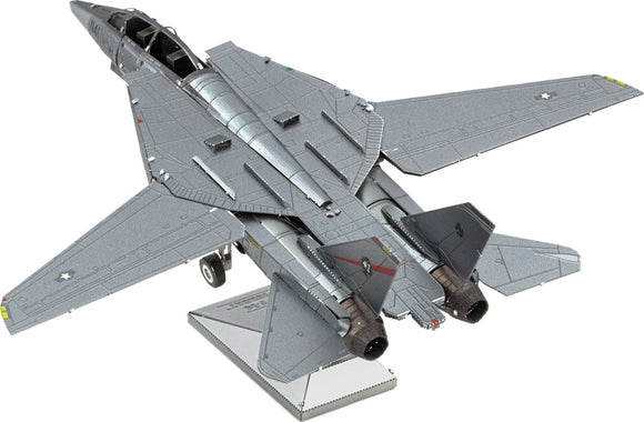 A detailed metal model of an F-14 Tomcat jet, showcasing realistic features such as wings, engines, and cockpit. The model is presented on a stand, highlighting its intricate design, perfect for aviation enthusiasts and DIY lovers.