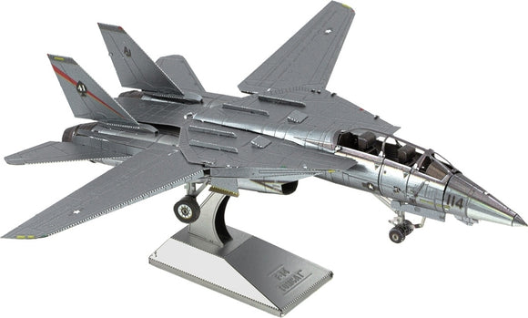 A detailed metal model kit of the F-14 Tomcat jet, showcasing its signature swept wings and cockpit with visible pilot seats. The model is mounted on a stand for display, featuring a shiny metallic finish.