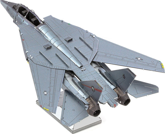 A detailed metal model of the F-14 Tomcat jet fighter, showcasing its sleek body and impressive wing structure. The model is made from high-quality metal and reflects intricate design patterns with a silver finish. Ideal for DIY enthusiasts and collectors.