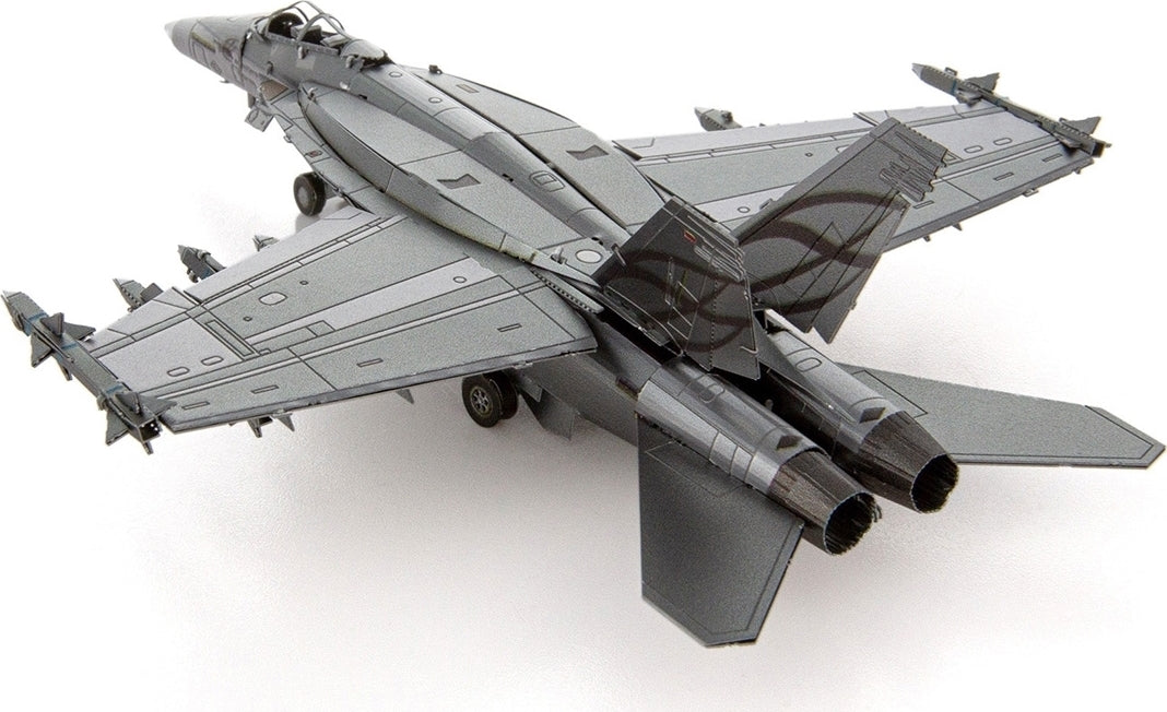 A detailed Metal Earth 18 Super Hornet model kit from Fascinations, showcasing intricate metal parts and realistic design, depicting the iconic military aircraft. This DIY kit requires assembly and is perfect for aviation enthusiasts and hobbyists alike.