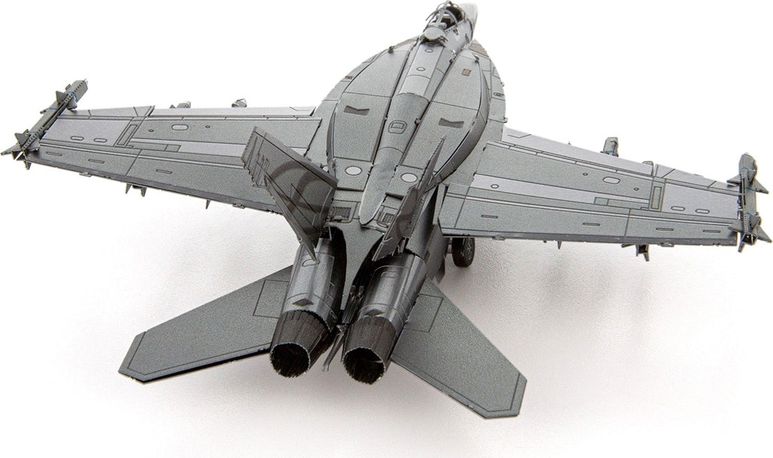 A detailed metal model of the 18 Super Hornet jet, showcasing its sleek design and intricate features, including wings, engines, and cockpit, perfect for DIY enthusiasts and model collectors.