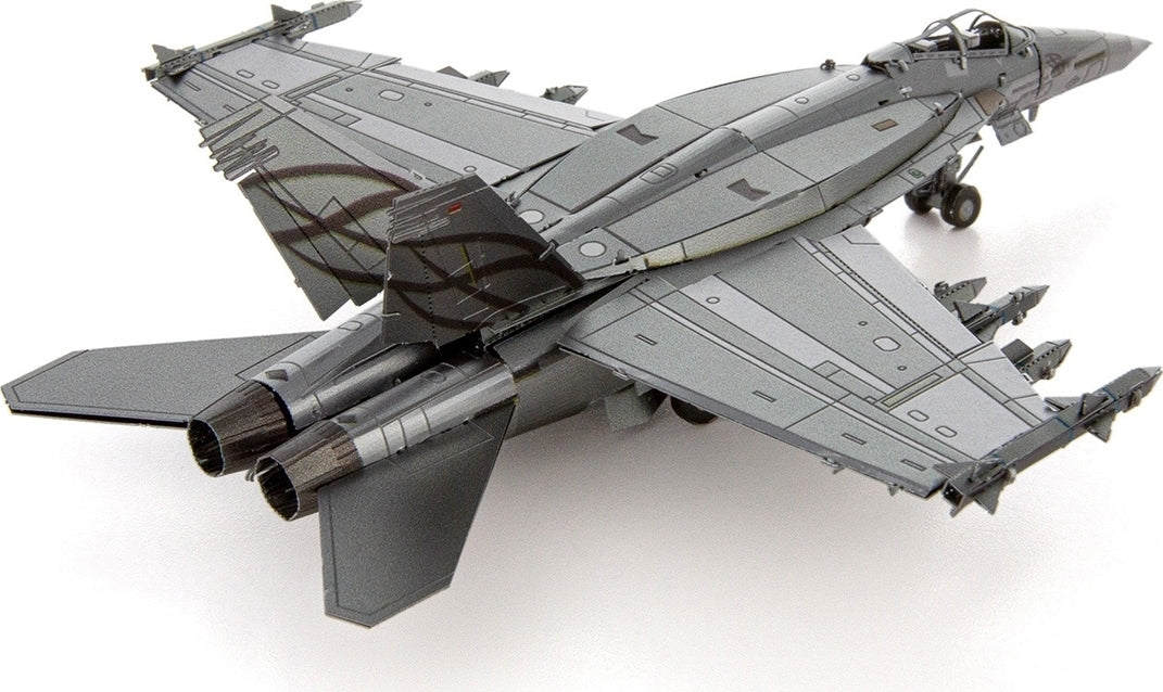 A detailed model kit of the Super Hornet, designed by Fascinations. The metal aircraft model showcases intricate detailing, sleek design, and metallic finish, perfect for aviation enthusiasts and DIY lovers.