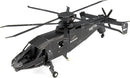 A detailed metal model of the S-97 Raider helicopter by Fascinations, showcasing intricate design elements and precision engineering. The model features a sleek black finish, spinning rotors, and is suitable for DIY enthusiasts.
